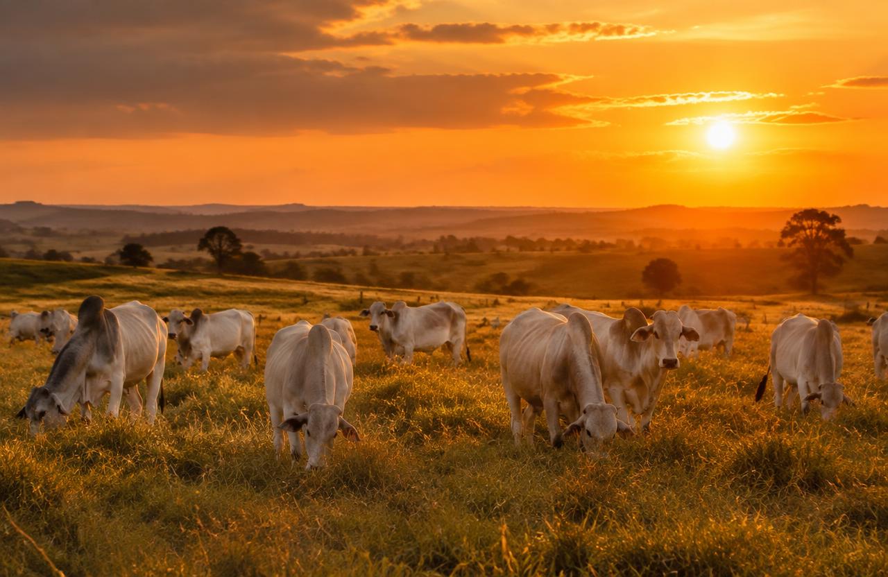 Gado nelore no pasto ao pôr do sol